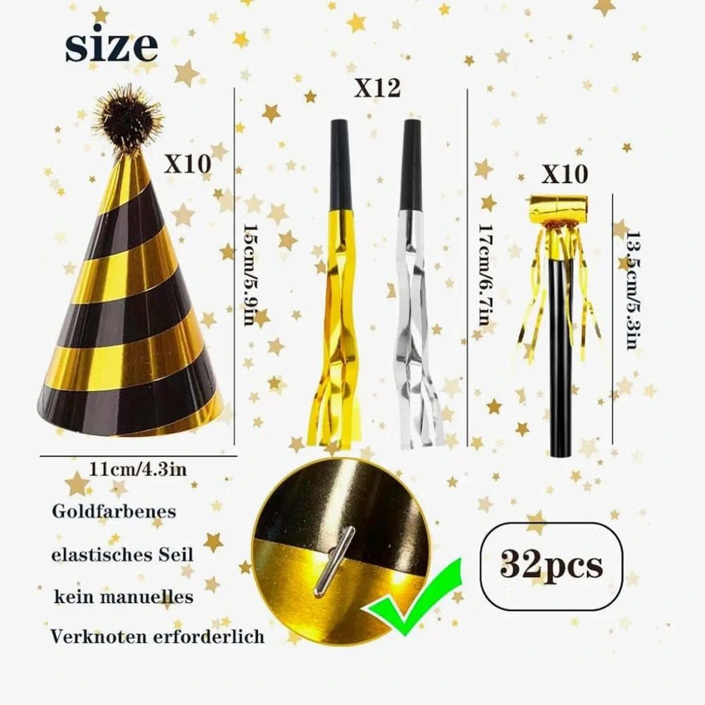 32 Pcs Gold Birthday Party, Birthday Hats, Noise Makers
